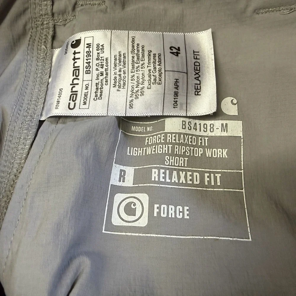 Carhartt Force Relaxed Fit Lightweight Ripstop Work Shorts Gray Mens 42 BS4198-M